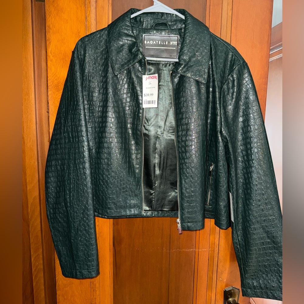 Bagatelle Women's Dark Green Croc-Embossed Leather Jacket